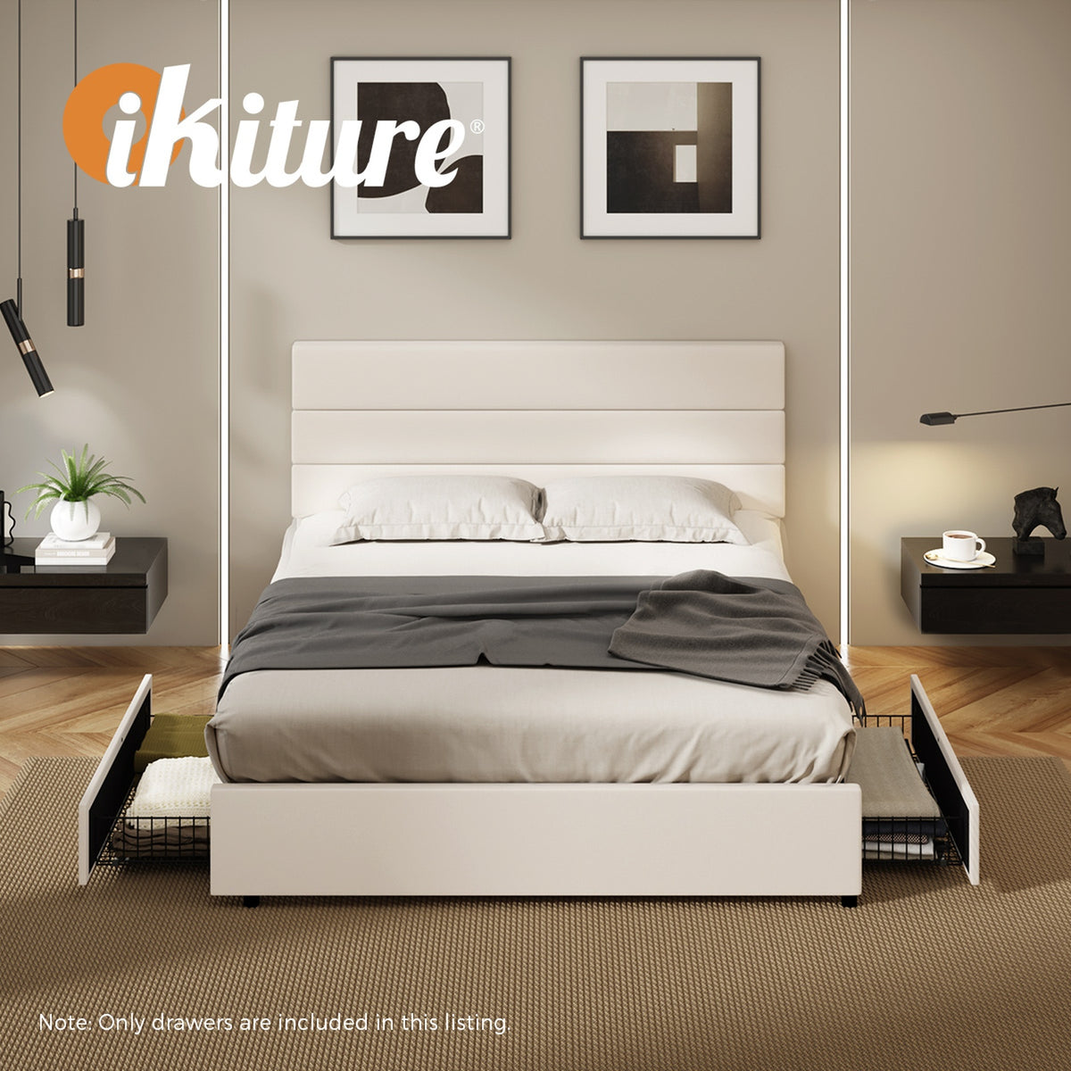 Oikiture 2x Trundle Drawers for Bed Frame Base Storage with Wheels Metal Beige