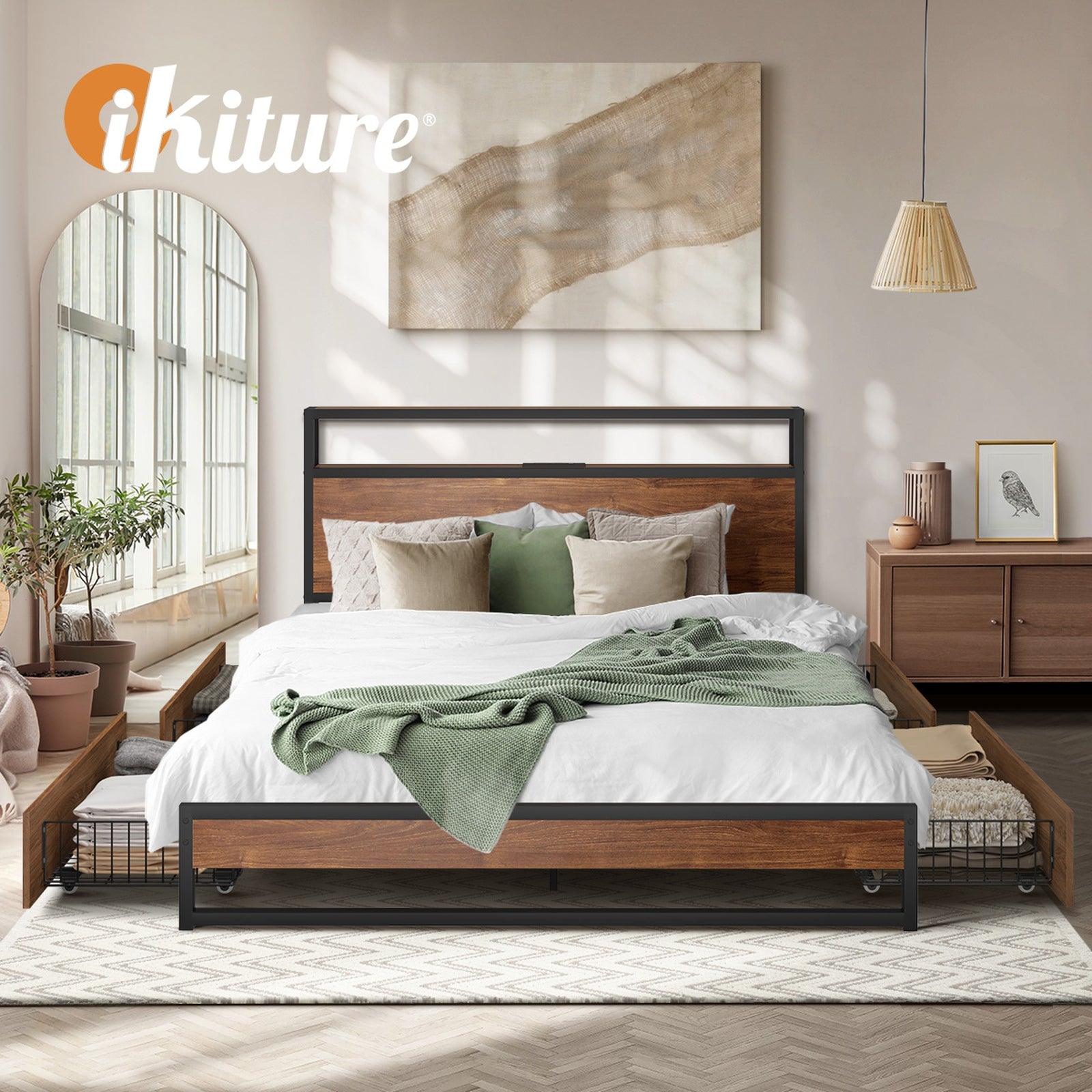 Oikiture 4x Bed Frame Storage Drawers with Wheels Metal Brown