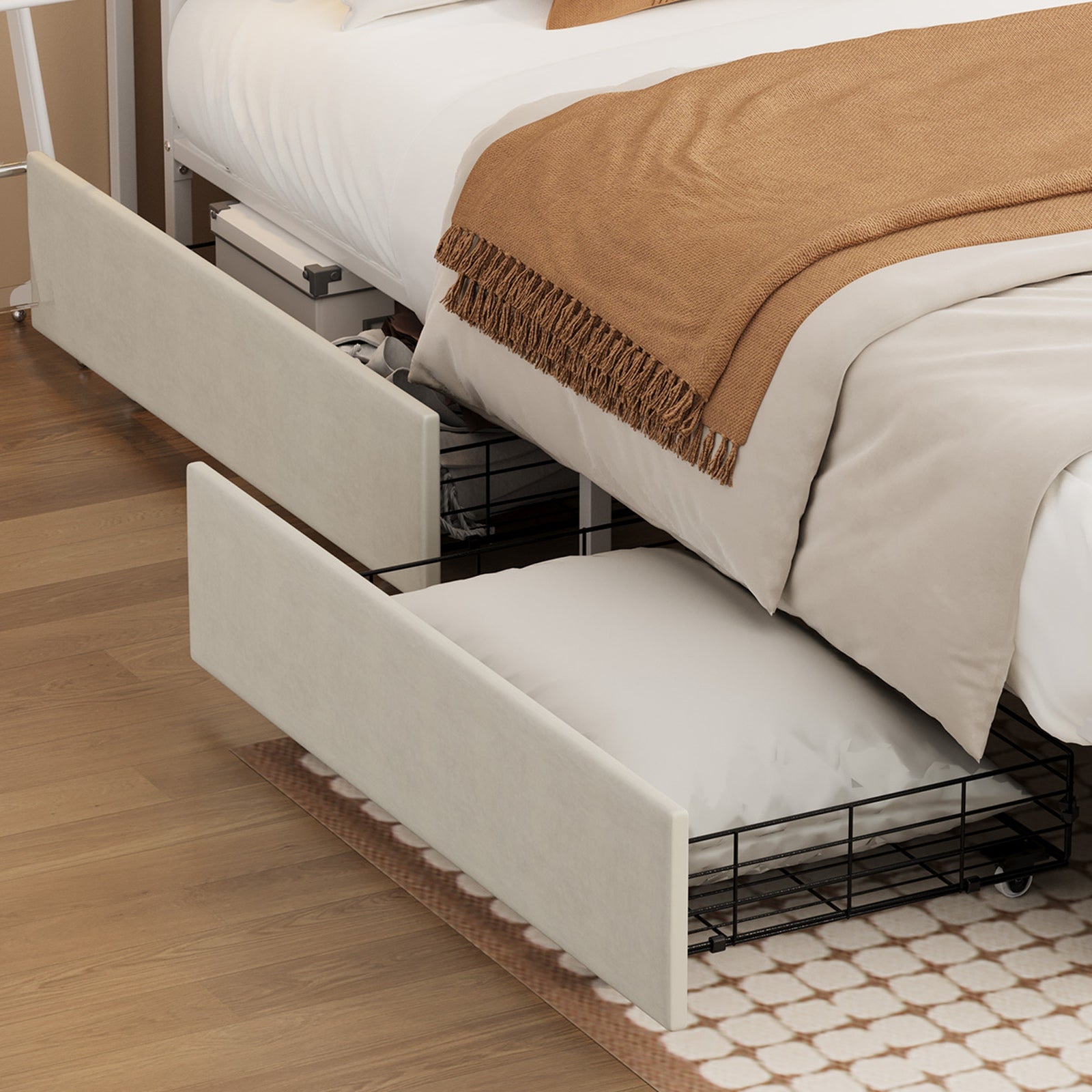 Oikiture Bed Frame Trundle Storage Metal Drawers Set of 2 White - Sunyee