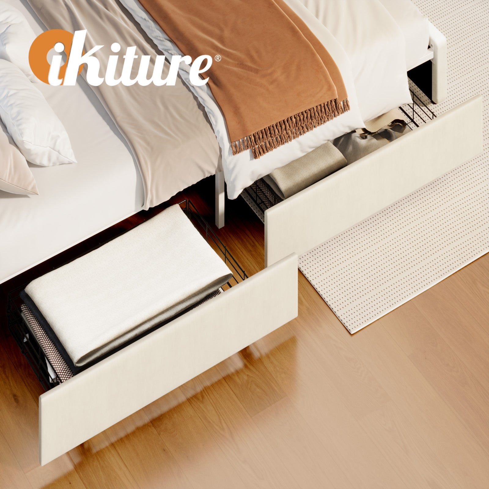 Oikiture Bed Frame Trundle Storage Metal Drawers Set of 2 White - Sunyee
