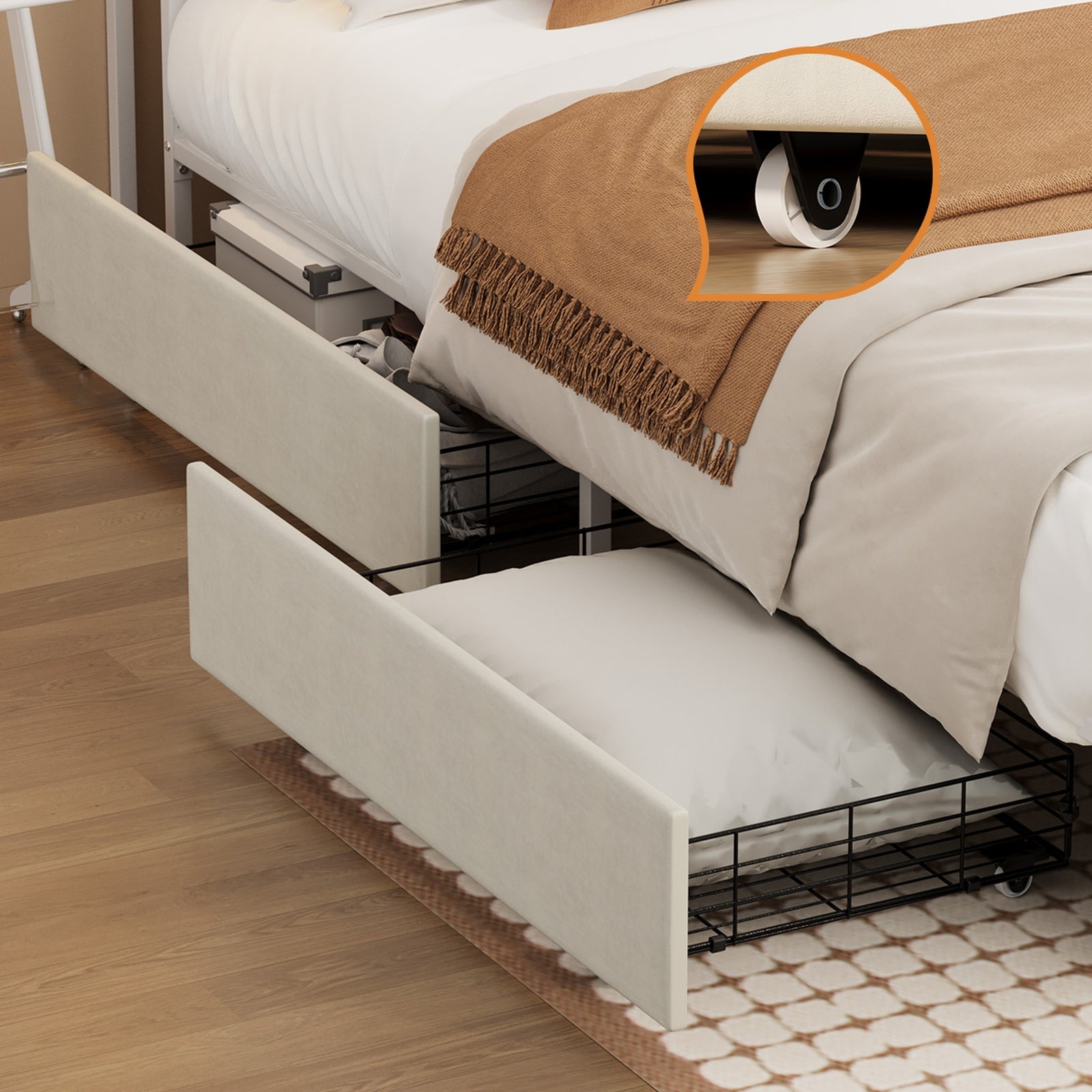 Oikiture Bed Frame Trundle Storage Metal Drawers Set of 2 White - Sunyee