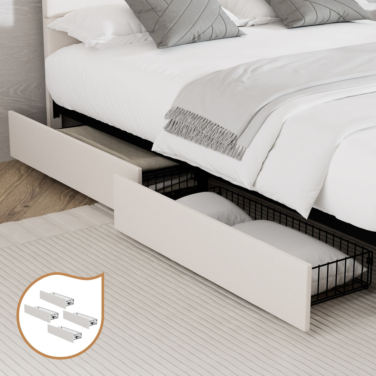 Oikiture 4x Trundle Drawers for Bed Frame Base Storage with Wheels Metal Beige