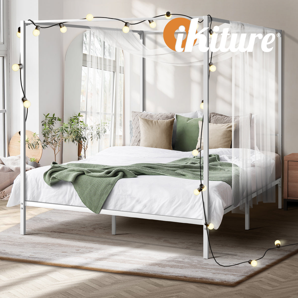 Oikiture Metal Canopy Bed Frame Double Size Beds Platform White