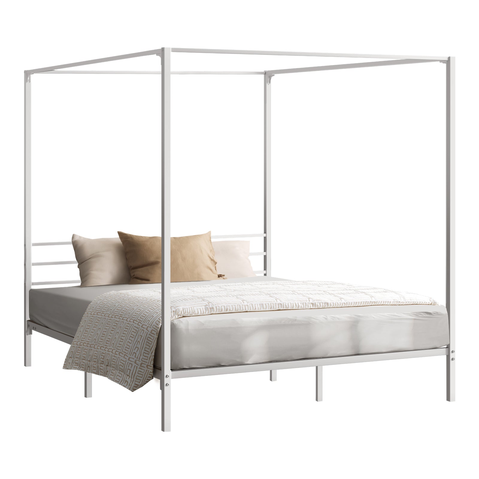 Oikiture Metal Canopy Bed Frame Queen Double Single Beds Platform White