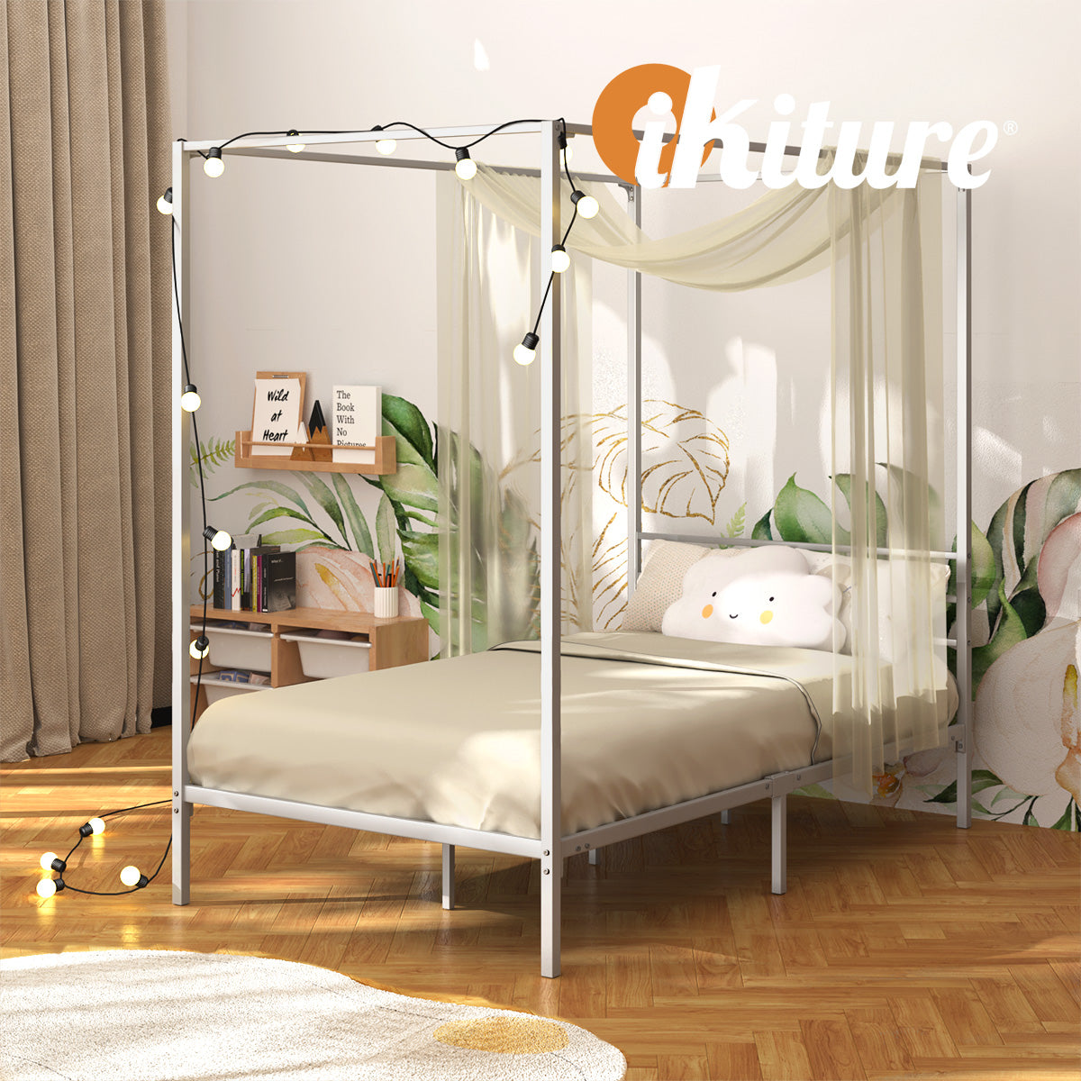 Oikiture Metal Canopy Bed Frame Single Size Beds Platform White