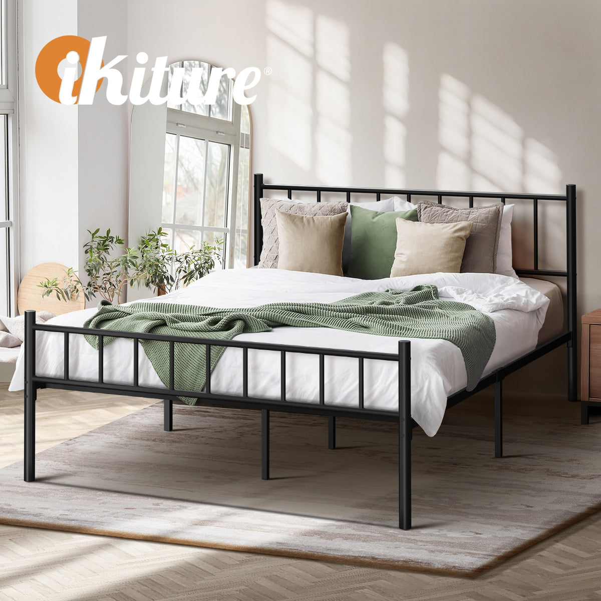 Oikiture Bed Frame Double Size Metal Base Platform Foundation Black