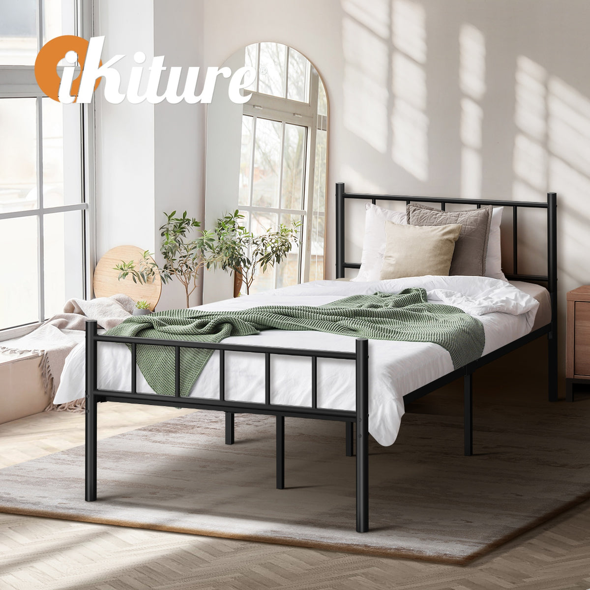Oikiture Bed Frame King Single Metal Base Platform Foundation Black