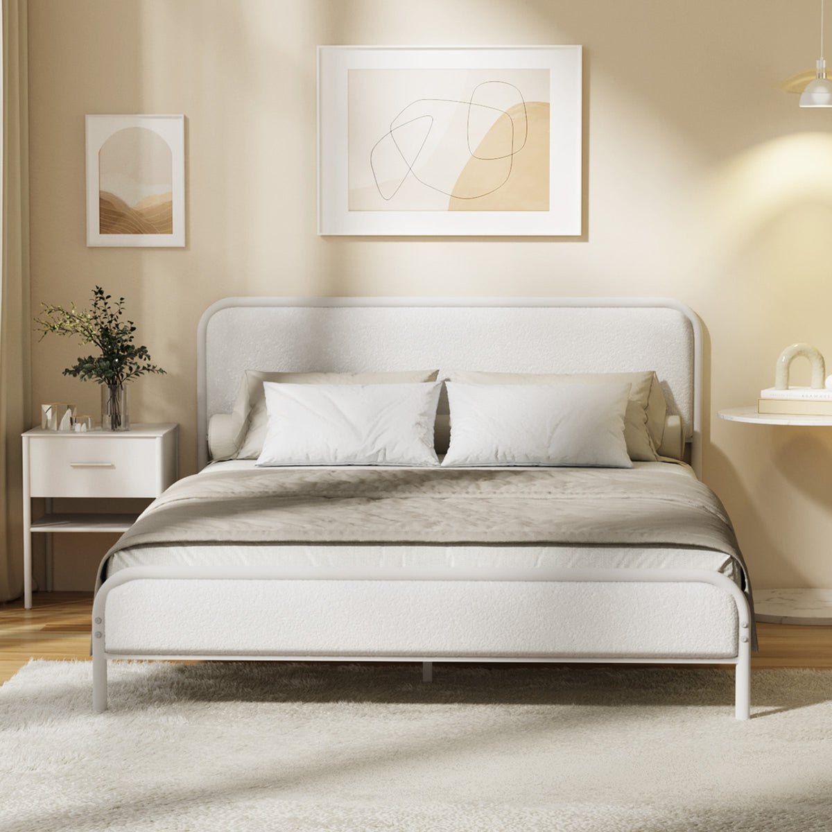 Oikiture Metal Bed Frame Double Size Tufted Bedhead Boucle Fabric Beige