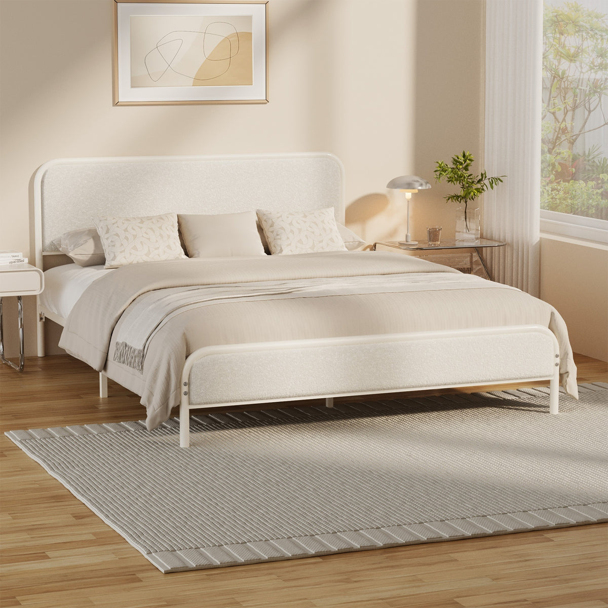 Oikiture Metal Bed Frame Queen Size Tufted Bedhead Boucle Fabric Beige