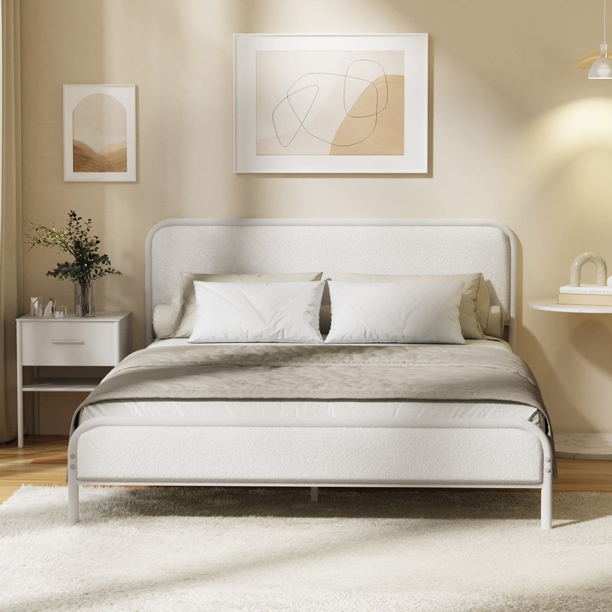 Oikiture Metal Bed Frame Queen Size Tufted Bedhead Boucle Fabric Beige