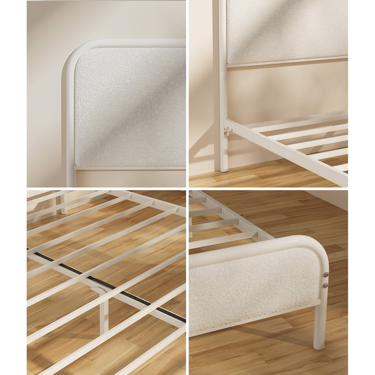 Oikiture Metal Bed Frame Queen Size Tufted Bedhead Boucle Fabric Beige
