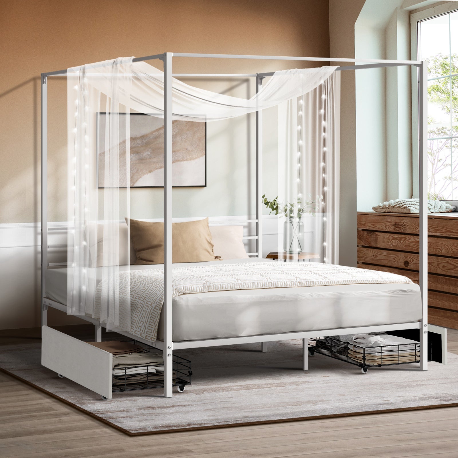 Oikiture Metal Canopy Bed Frame Double Size Beds Platform with 2 Drawers White