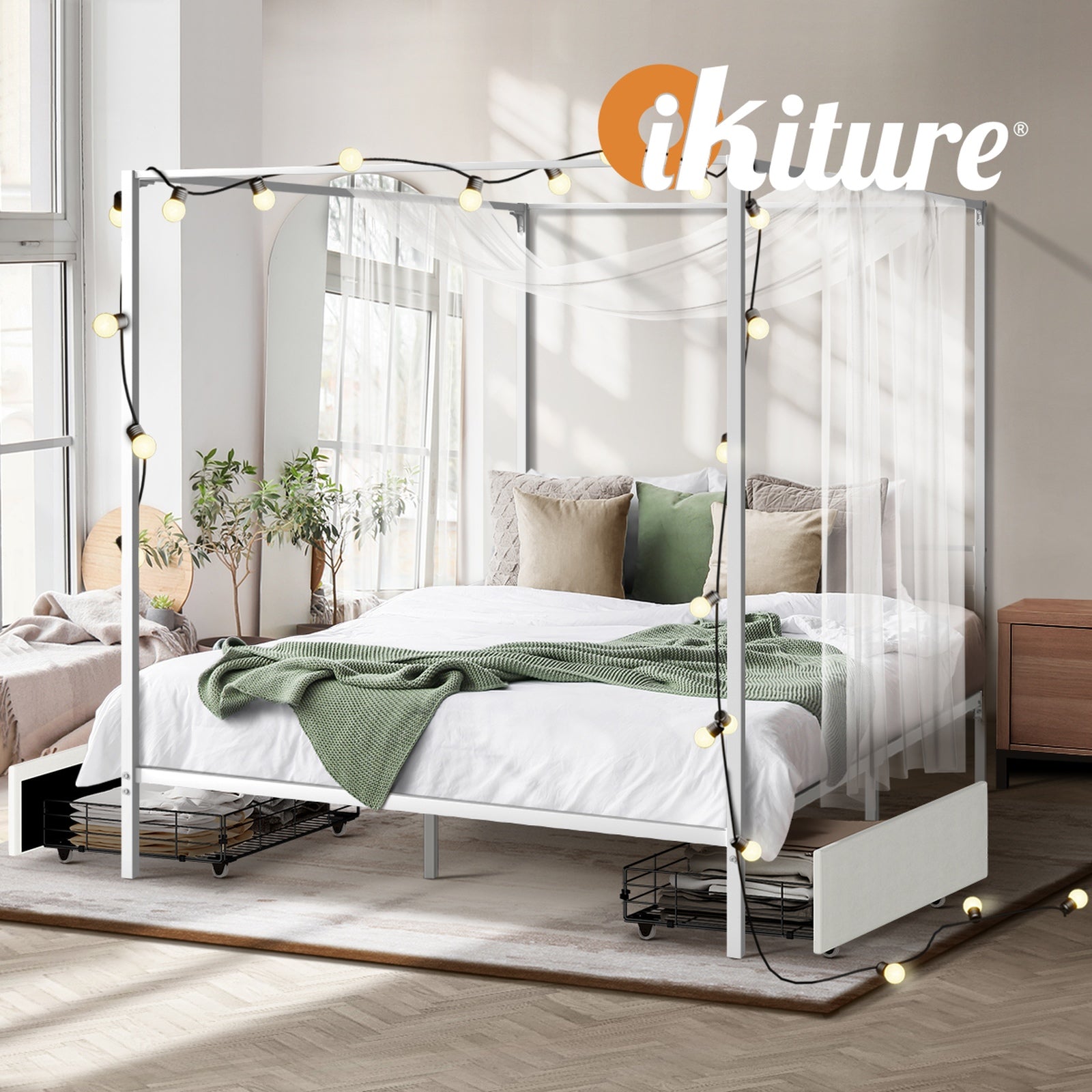 Oikiture Metal Canopy Bed Frame Double Size Beds Platform with 2 Drawers White