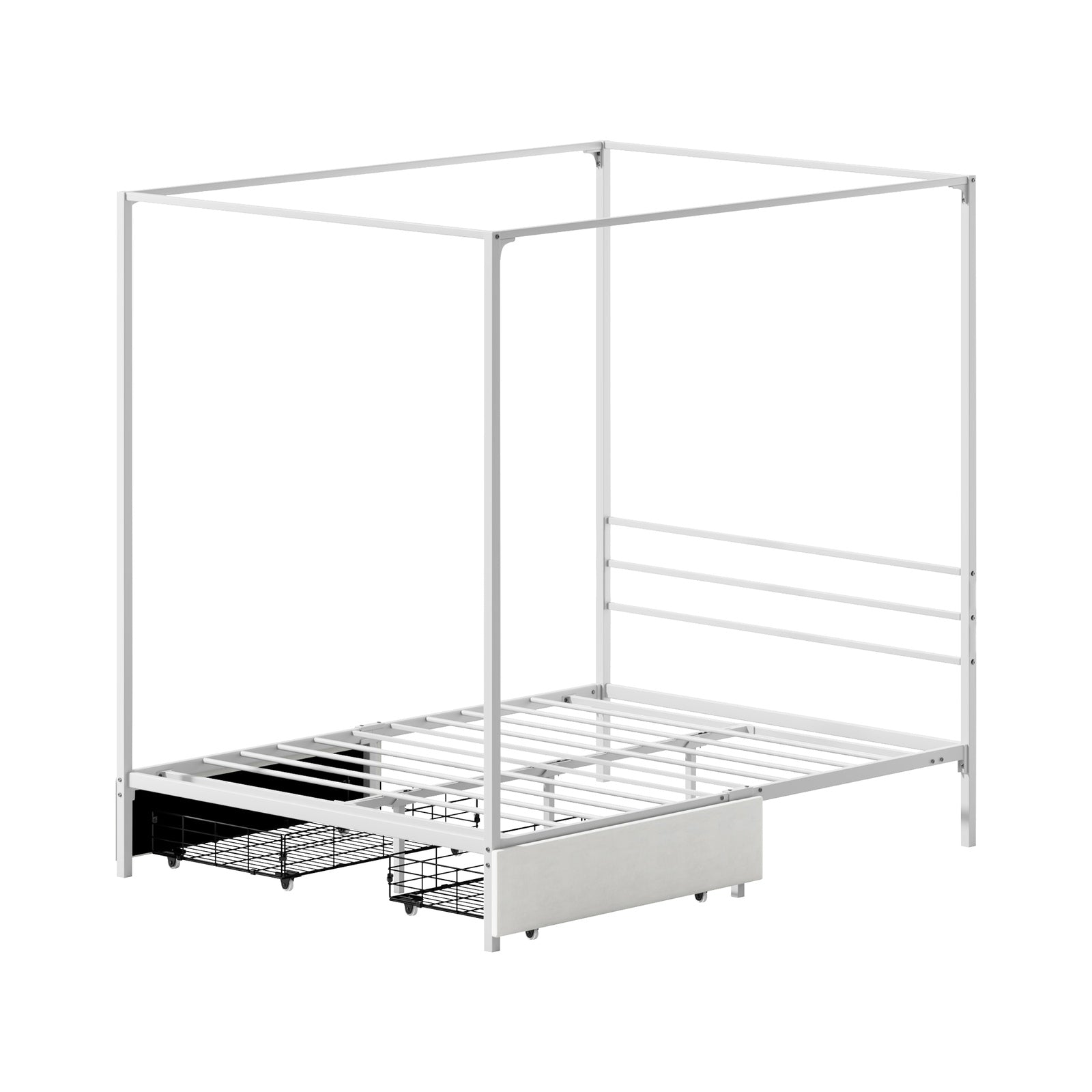 Oikiture Metal Canopy Bed Frame Double Size Beds Platform with 2 Drawers White