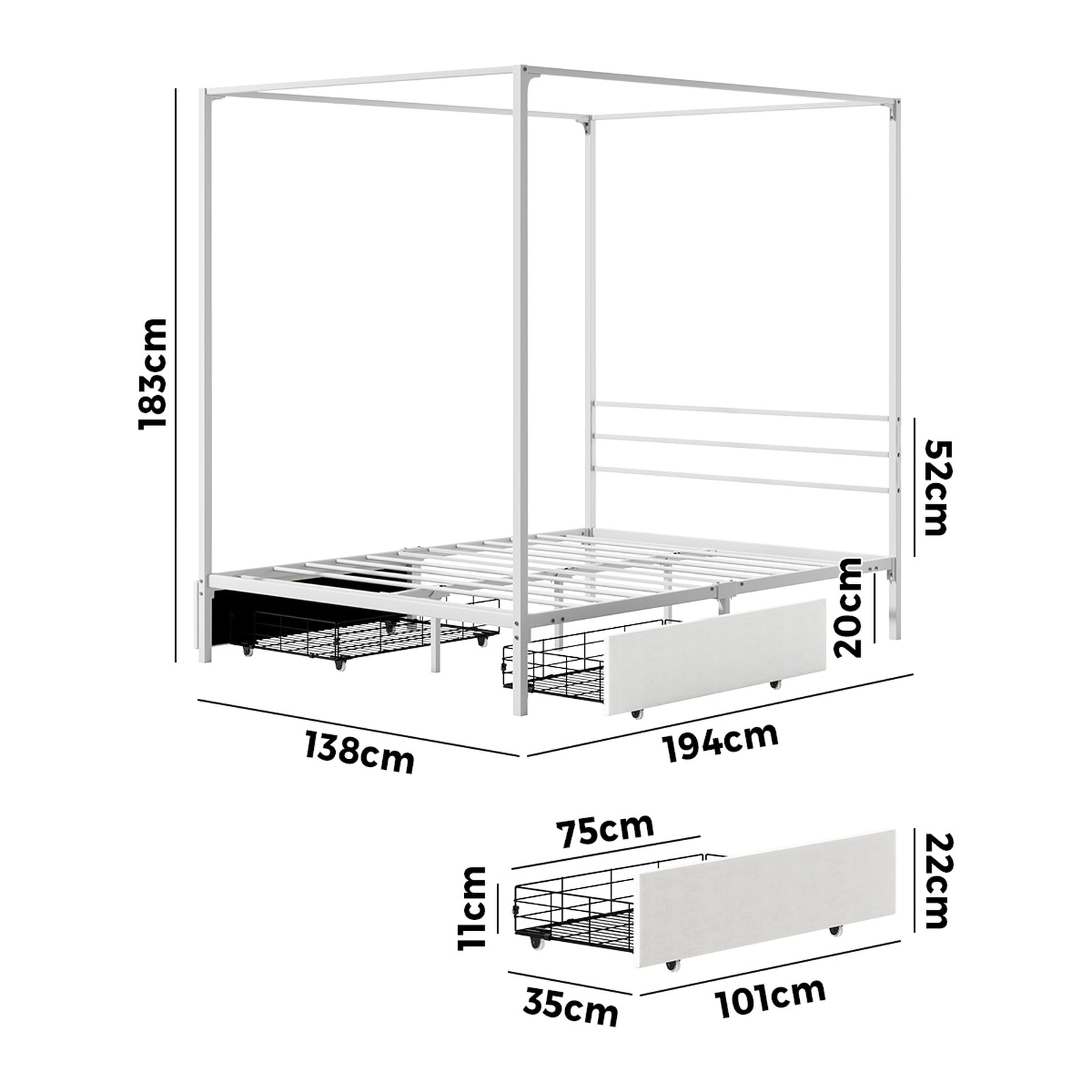 Oikiture Metal Canopy Bed Frame Double Size Beds Platform with 2 Drawers White