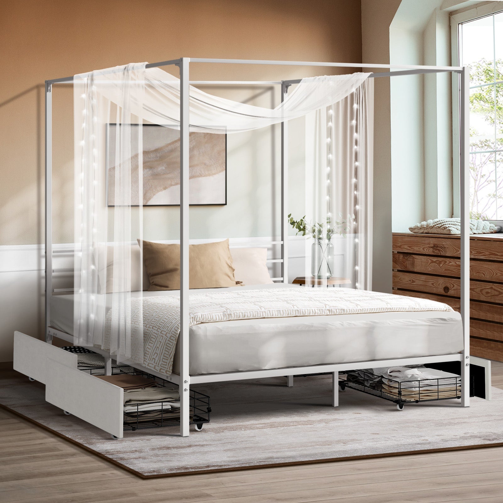 Oikiture Metal Canopy Bed Frame Queen Size Beds Platform with 4 Drawers White