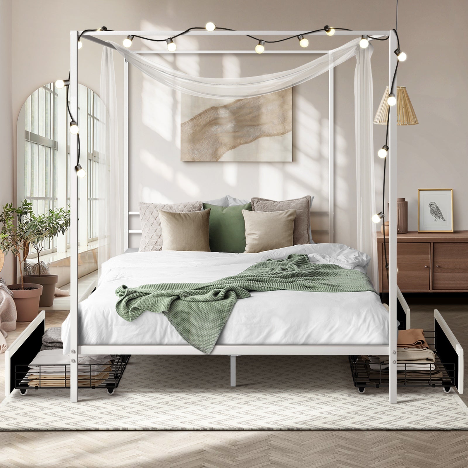 Oikiture Metal Canopy Bed Frame Queen Size Beds Platform with 4 Drawers White