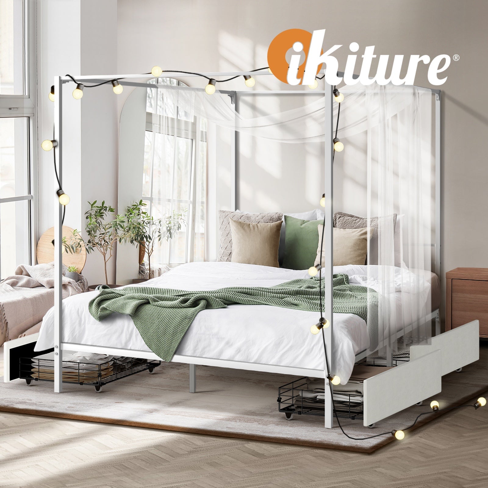 Oikiture Metal Canopy Bed Frame Queen Size Beds Platform with 4 Drawers White