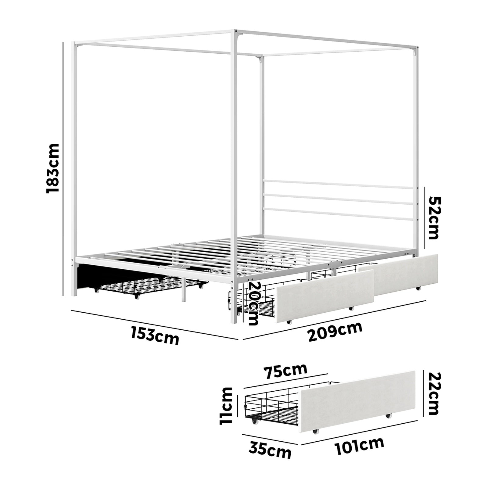 Oikiture Metal Canopy Bed Frame Queen Size Beds Platform with 4 Drawers White