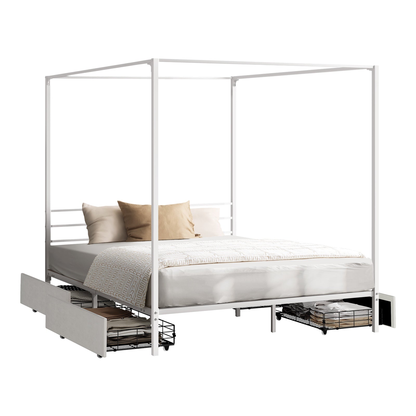 Oikiture Metal Canopy Bed Frame Queen Size Beds Platform with 4 Drawers White