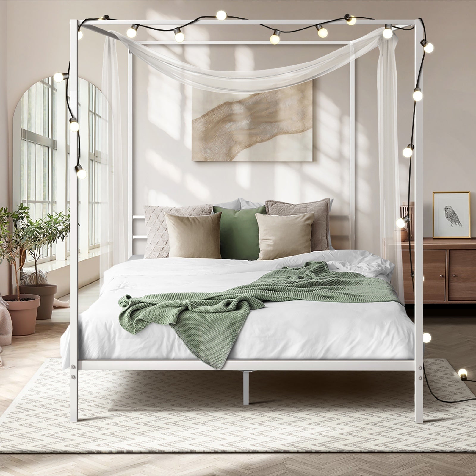 Oikiture Metal Canopy Bed Frame Queen Size Beds Platform White - Sunyee