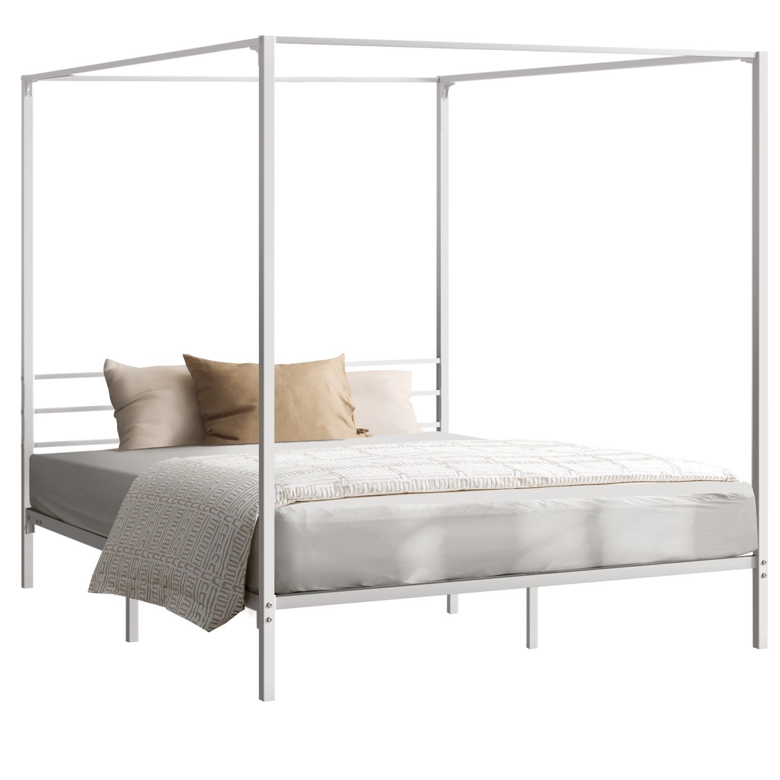 Oikiture Metal Canopy Bed Frame Queen Double Single Beds Platform White