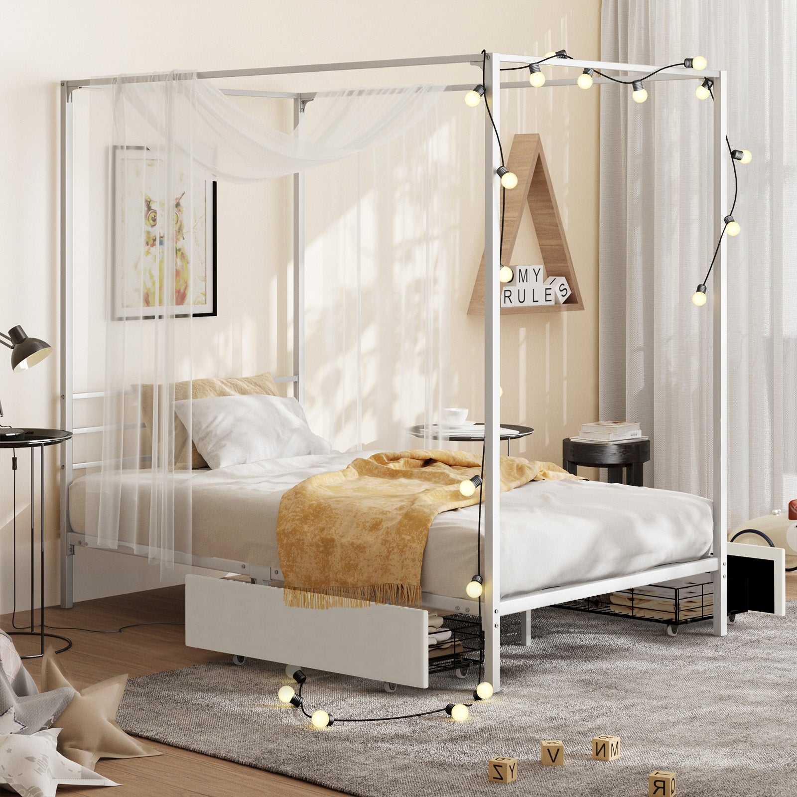 Oikiture Metal Canopy Bed Frame Single Size Beds Platform with 2 Drawers White