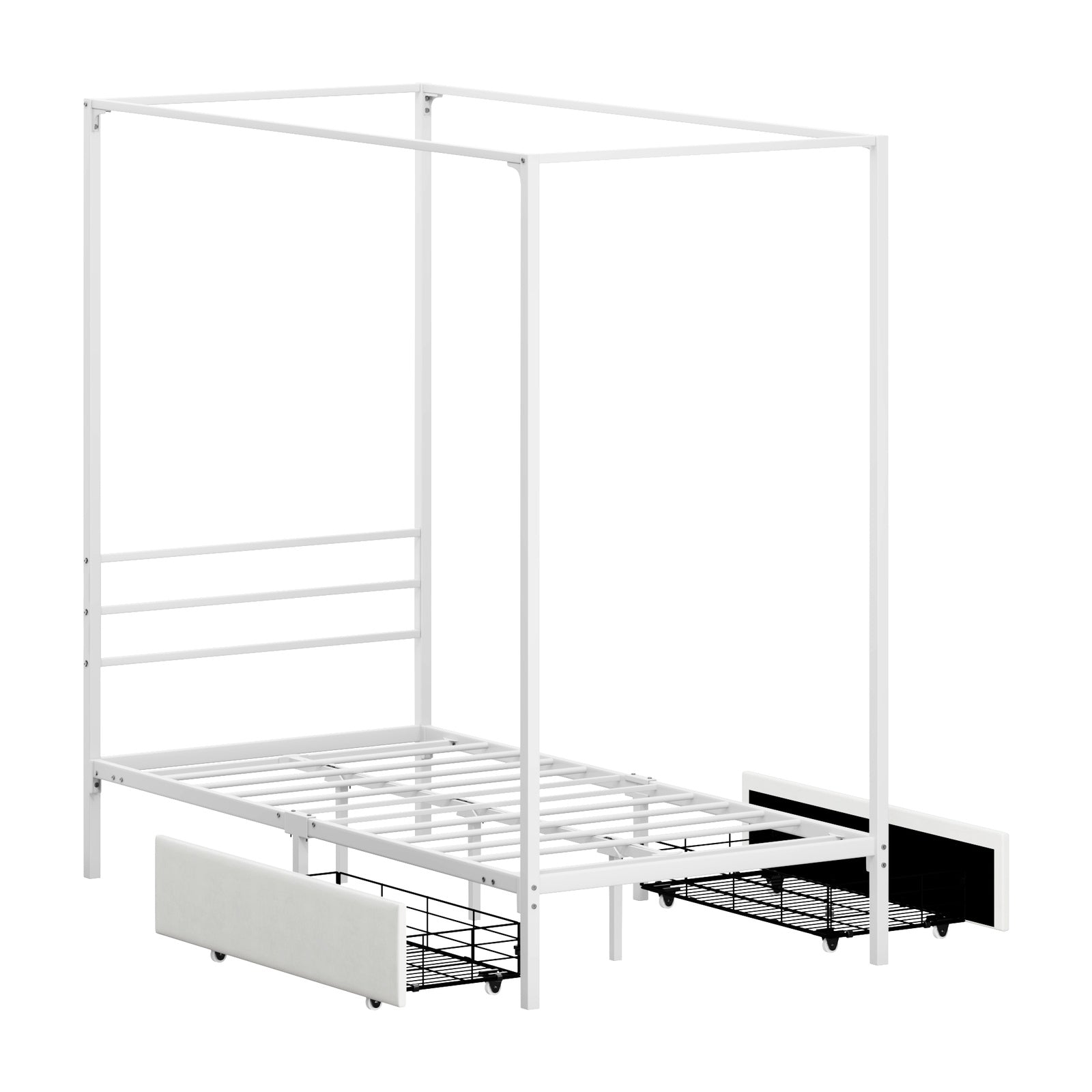 Oikiture Metal Canopy Bed Frame Single Size Beds Platform with 2 Drawers White