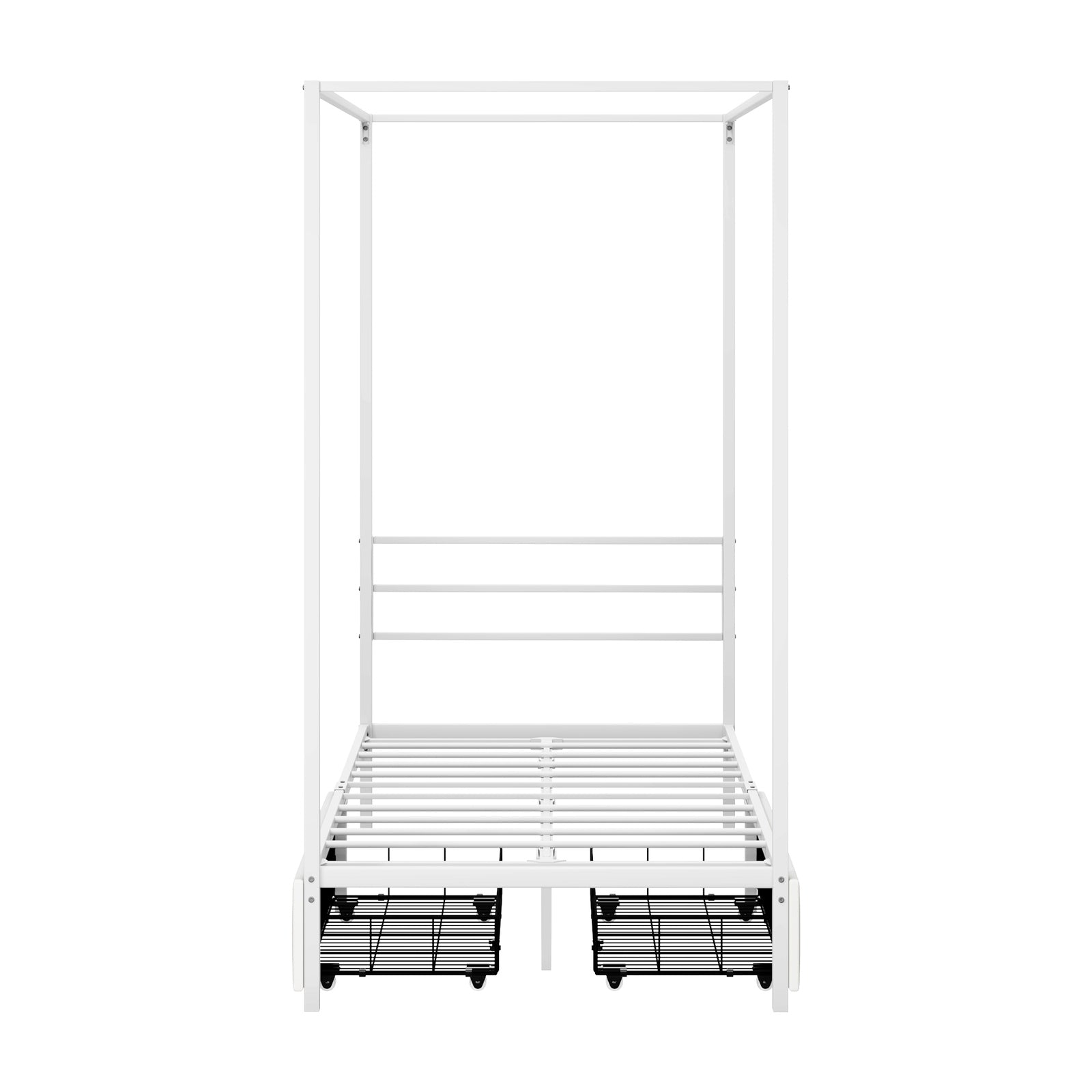 Oikiture Metal Canopy Bed Frame Single Size Beds Platform with 2 Drawers White