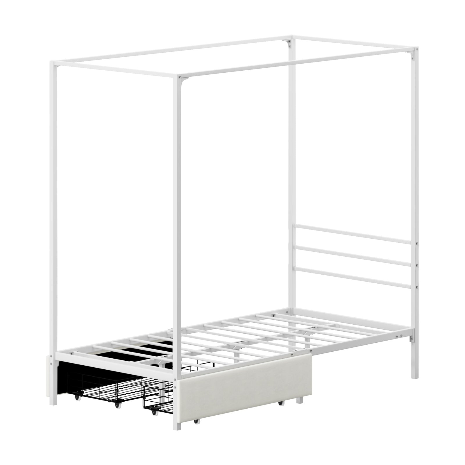 Oikiture Metal Canopy Bed Frame Single Size Beds Platform with 2 Drawers White