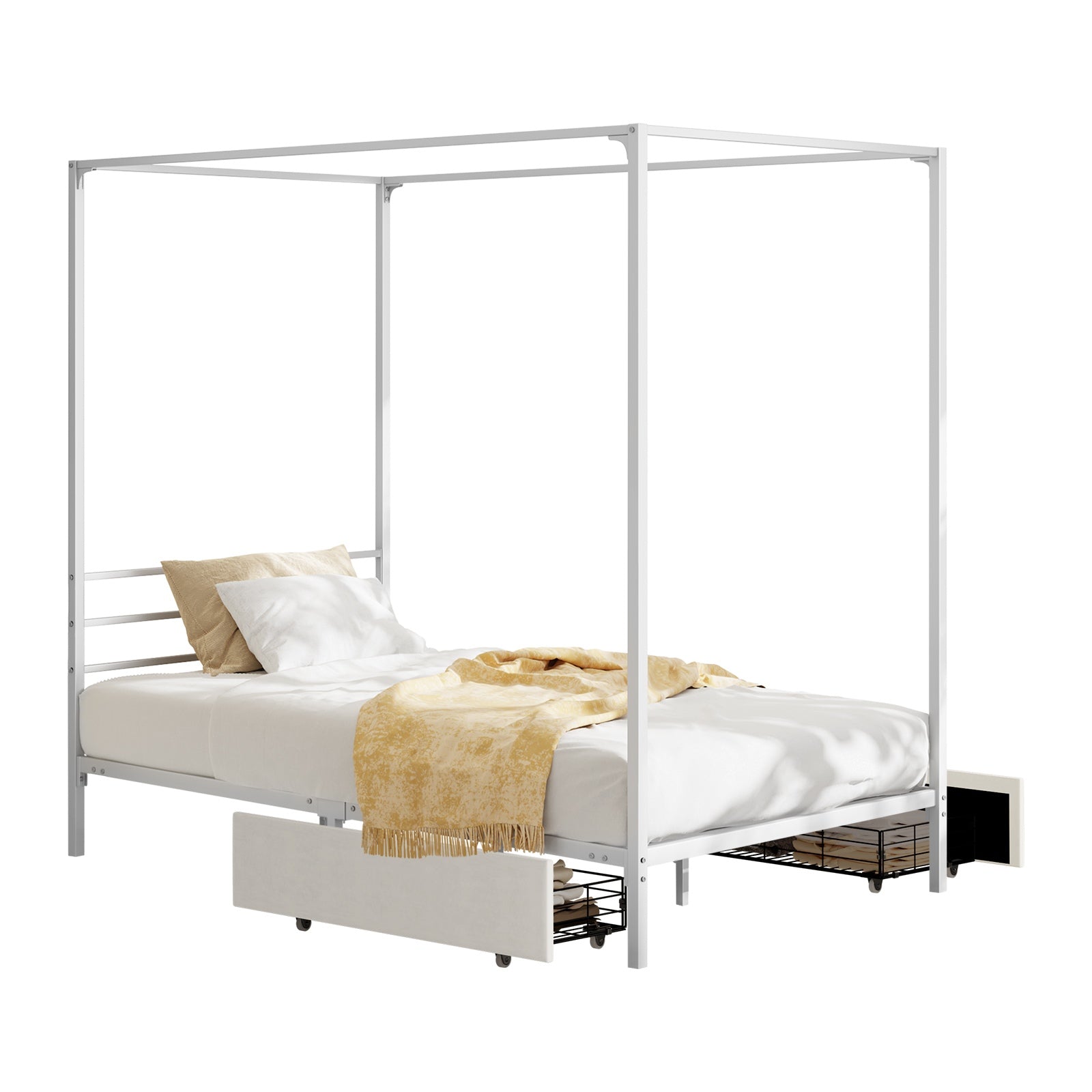 Oikiture Metal Canopy Bed Frame Single Size Beds Platform with 2 Drawers White