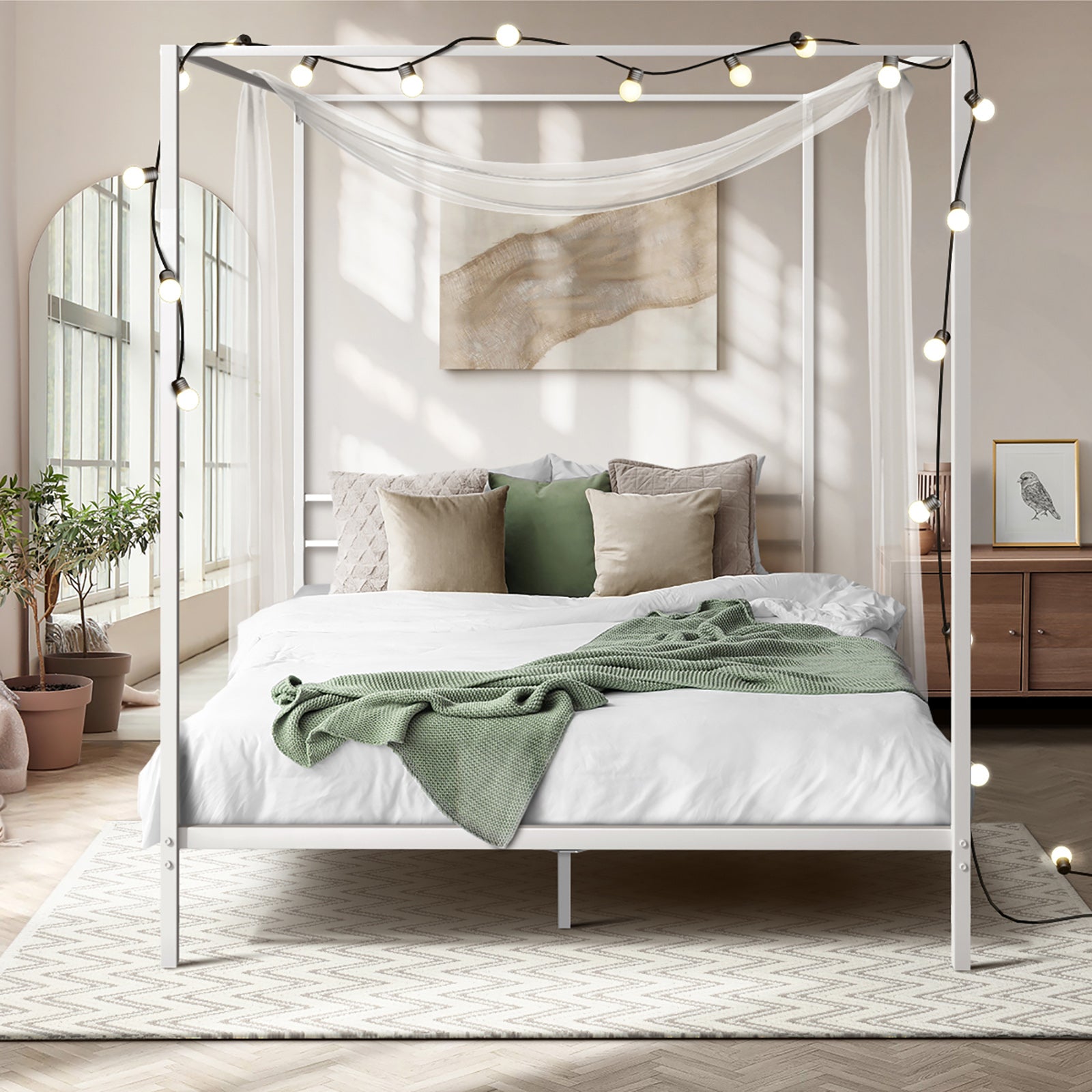 Oikiture Metal Canopy Bed Frame Queen Double Single Beds Platform White