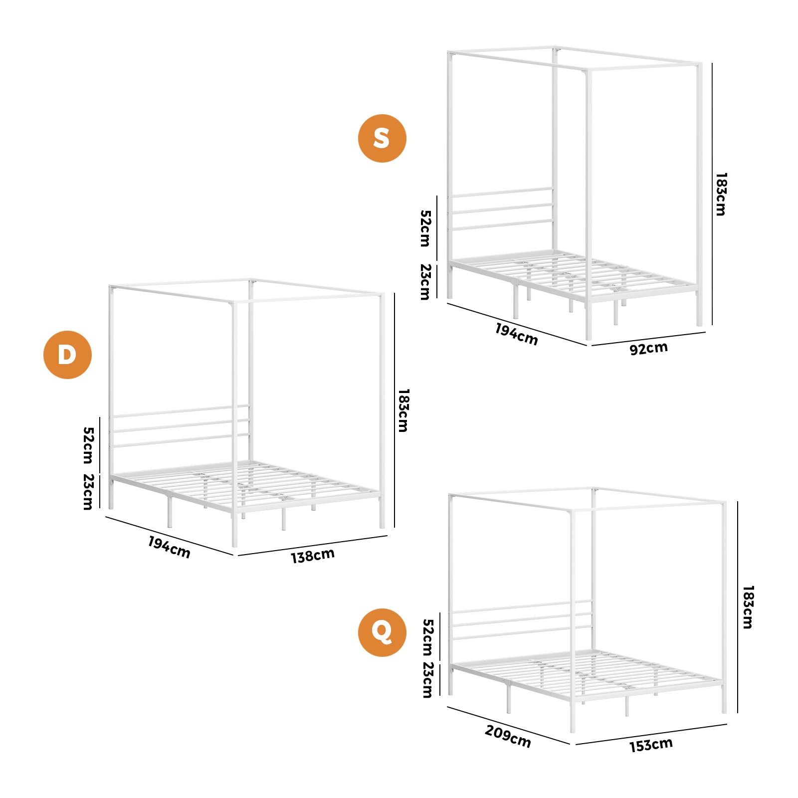 Oikiture Metal Canopy Bed Frame Queen Double Single Beds Platform White