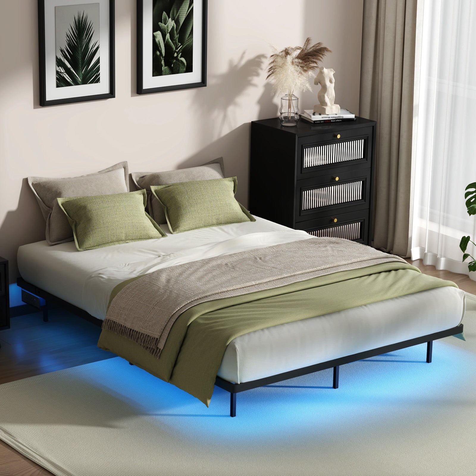 Oikiture Floating Metal Bed Frame Double Size Platform LED Light AC USB Black