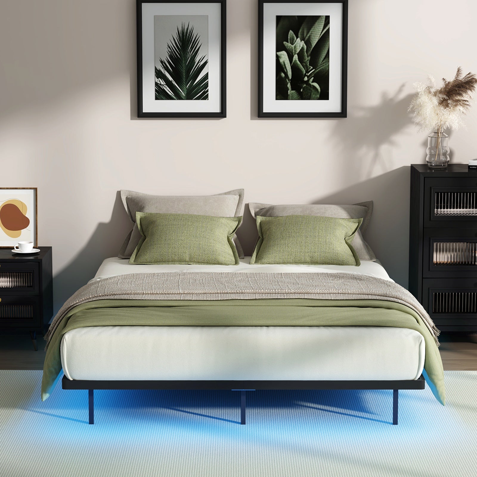 Oikiture Floating Metal Bed Frame Double Size Platform LED Light AC USB Black