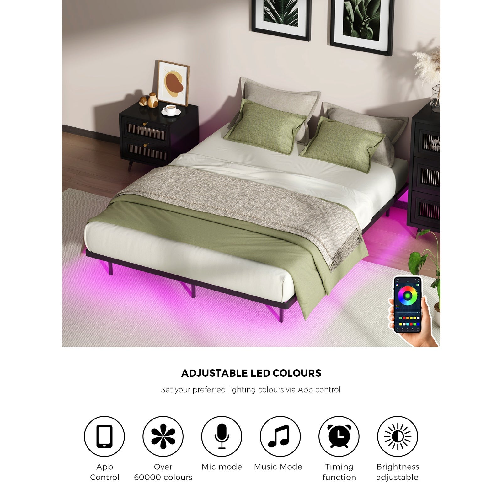 Oikiture Floating Metal Bed Frame Double Size Platform LED Light AC USB Black