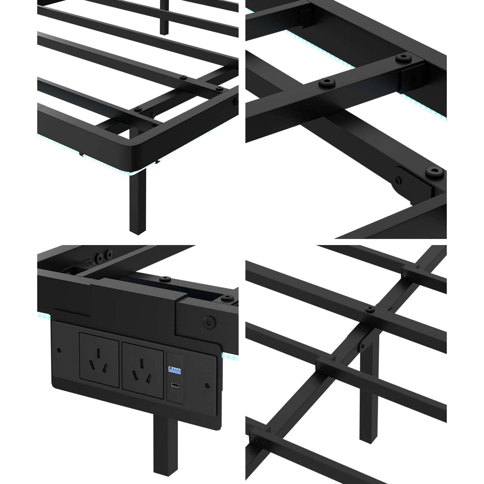 Oikiture Floating Metal Bed Frame Double Size Platform LED Light AC USB Black