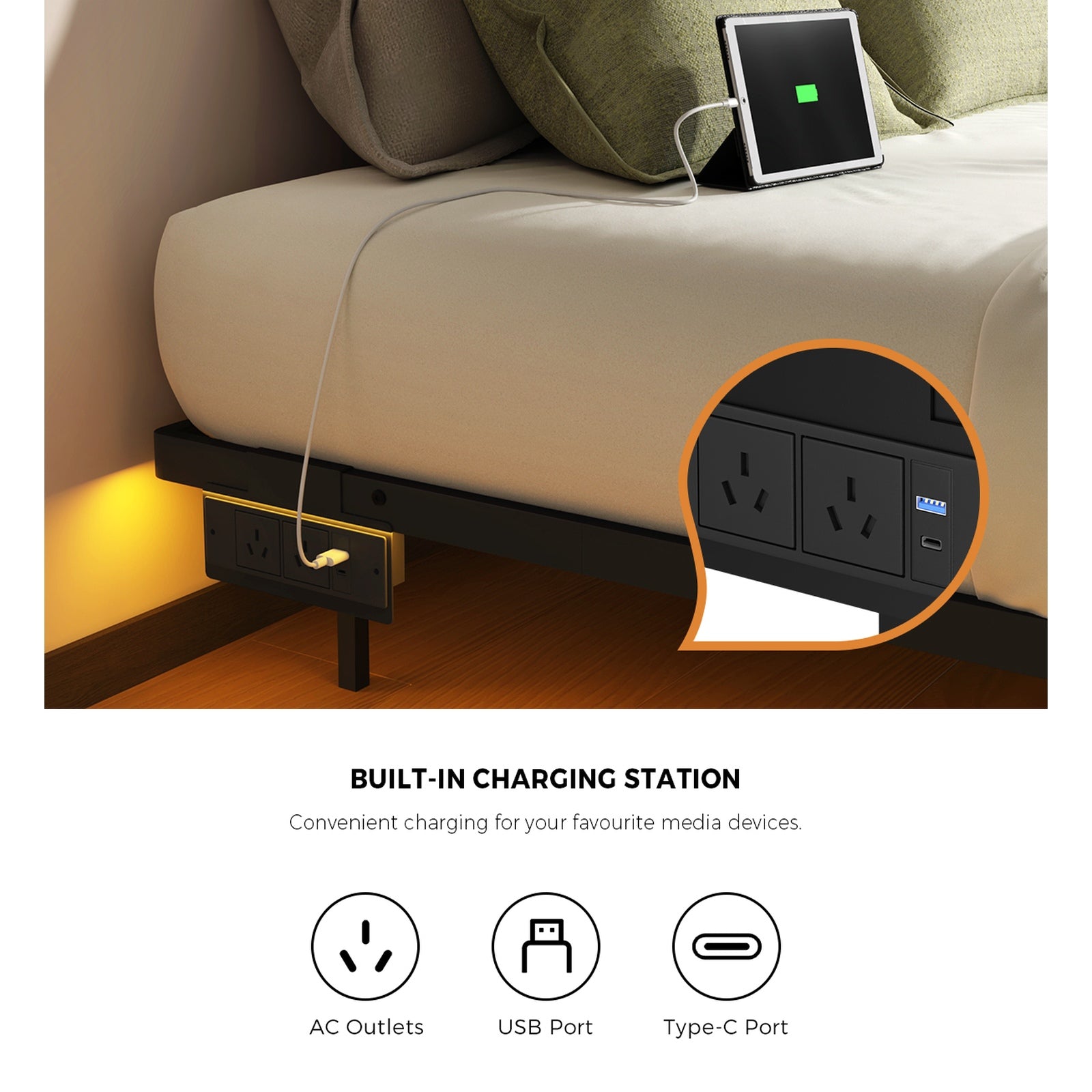 Oikiture Floating Metal Bed Frame Queen Size Platform LED Light AC USB Black