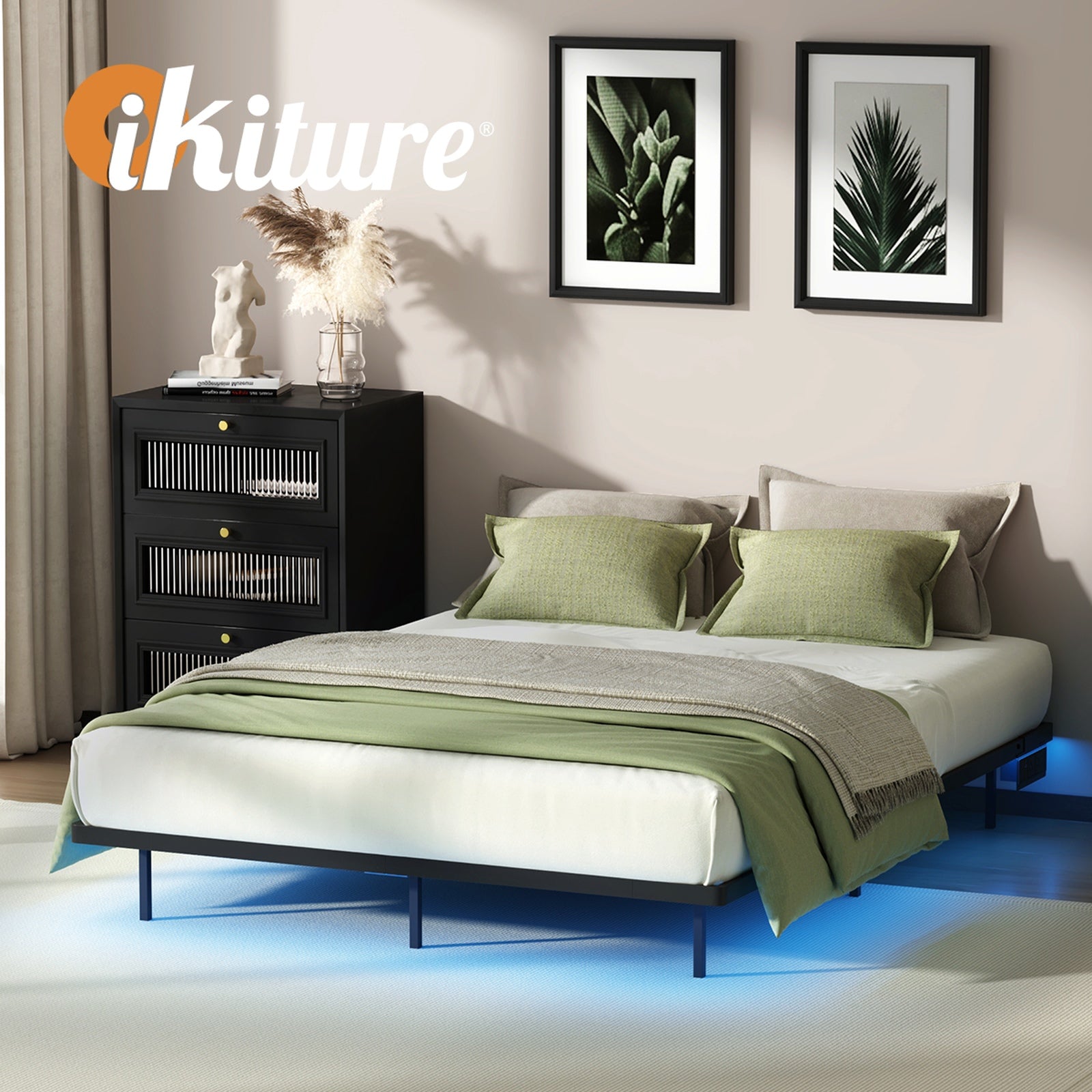 Oikiture Floating Metal Bed Frame Queen Size Platform LED Light AC USB Black