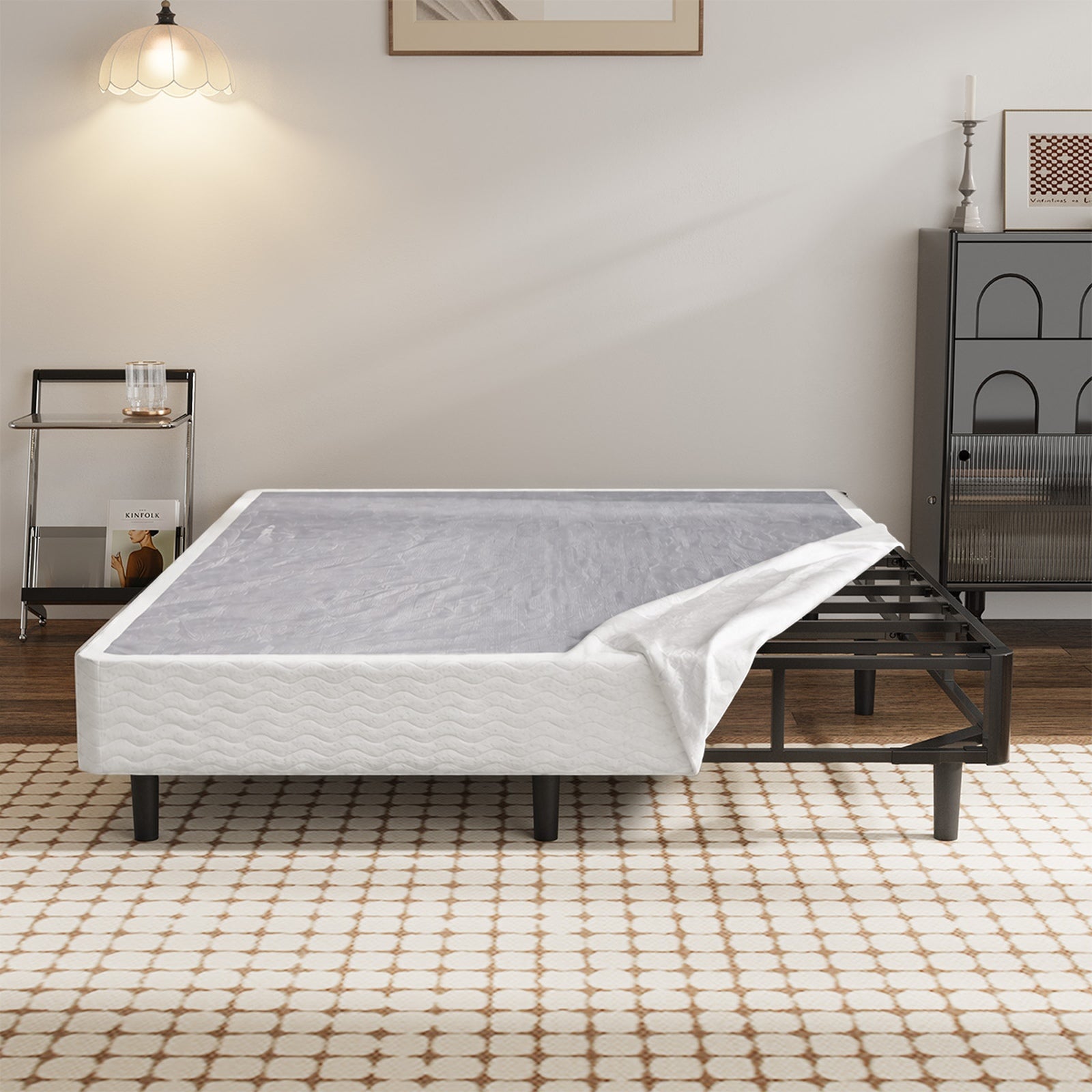 Oikiture Double Ensemble Bed Base Metal Bed Frame Fabric Cover Platform Bed