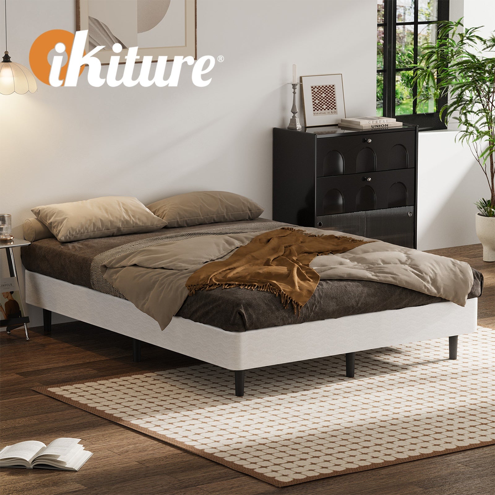 Oikiture Double Ensemble Bed Base Metal Bed Frame Fabric Cover Platform Bed