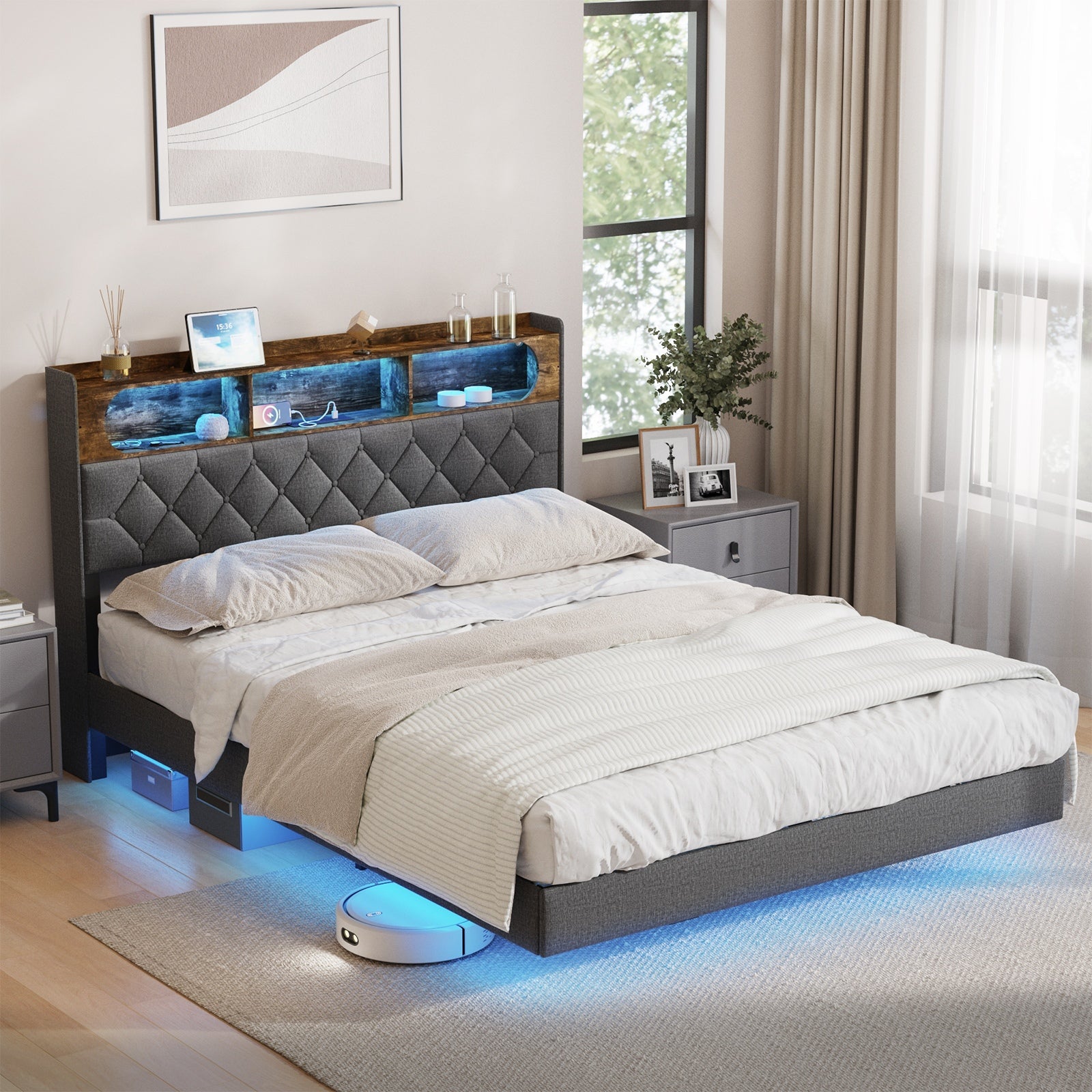 Oikiture Double Size Bed Frame Floating Beds With LED Light Headboard USB Charge
