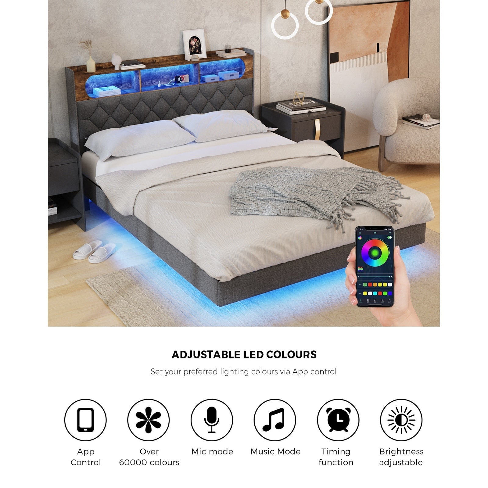 Oikiture Double Size Bed Frame Floating Beds With LED Light Headboard USB Charge