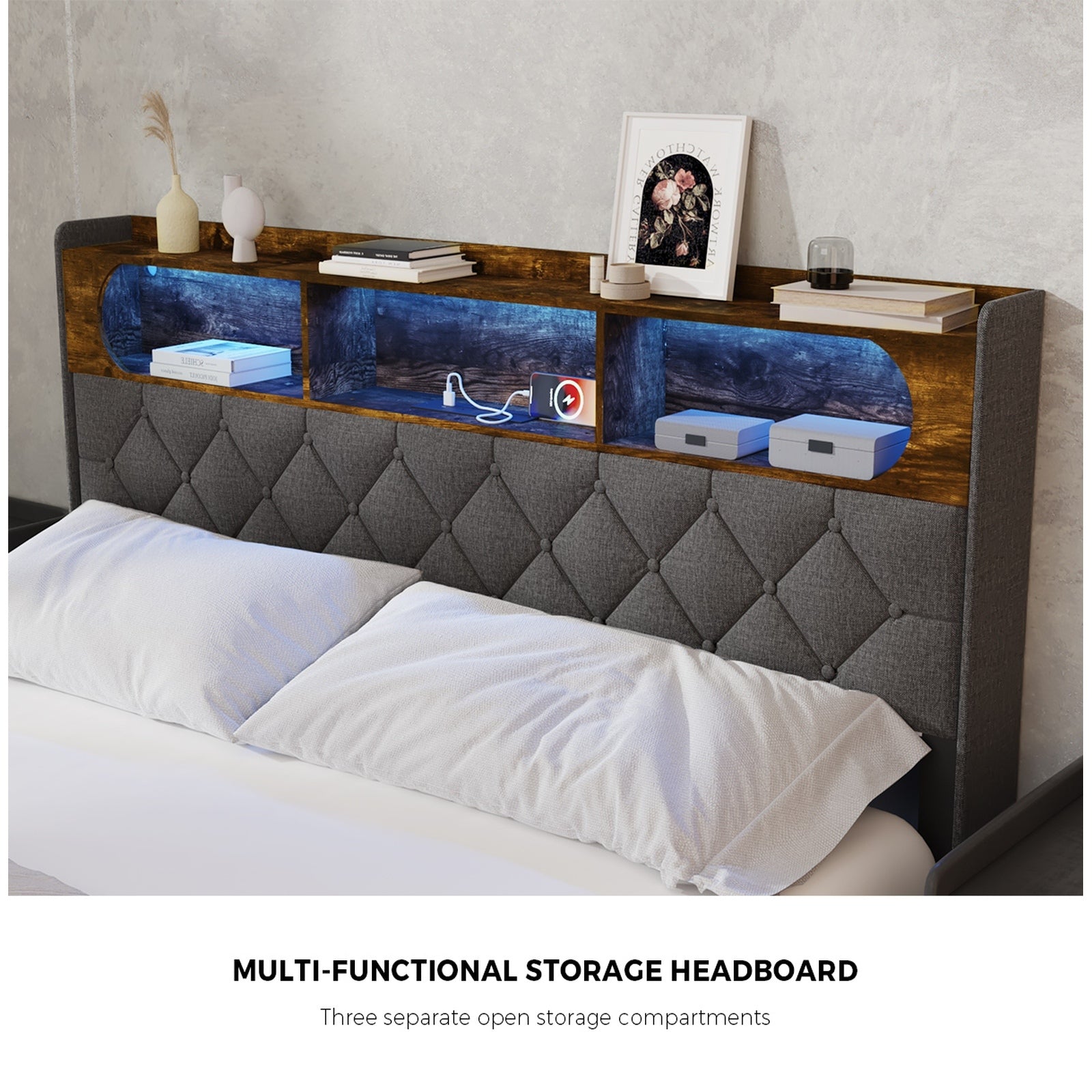 Oikiture Double Size Bed Frame Floating Beds With LED Light Headboard USB Charge