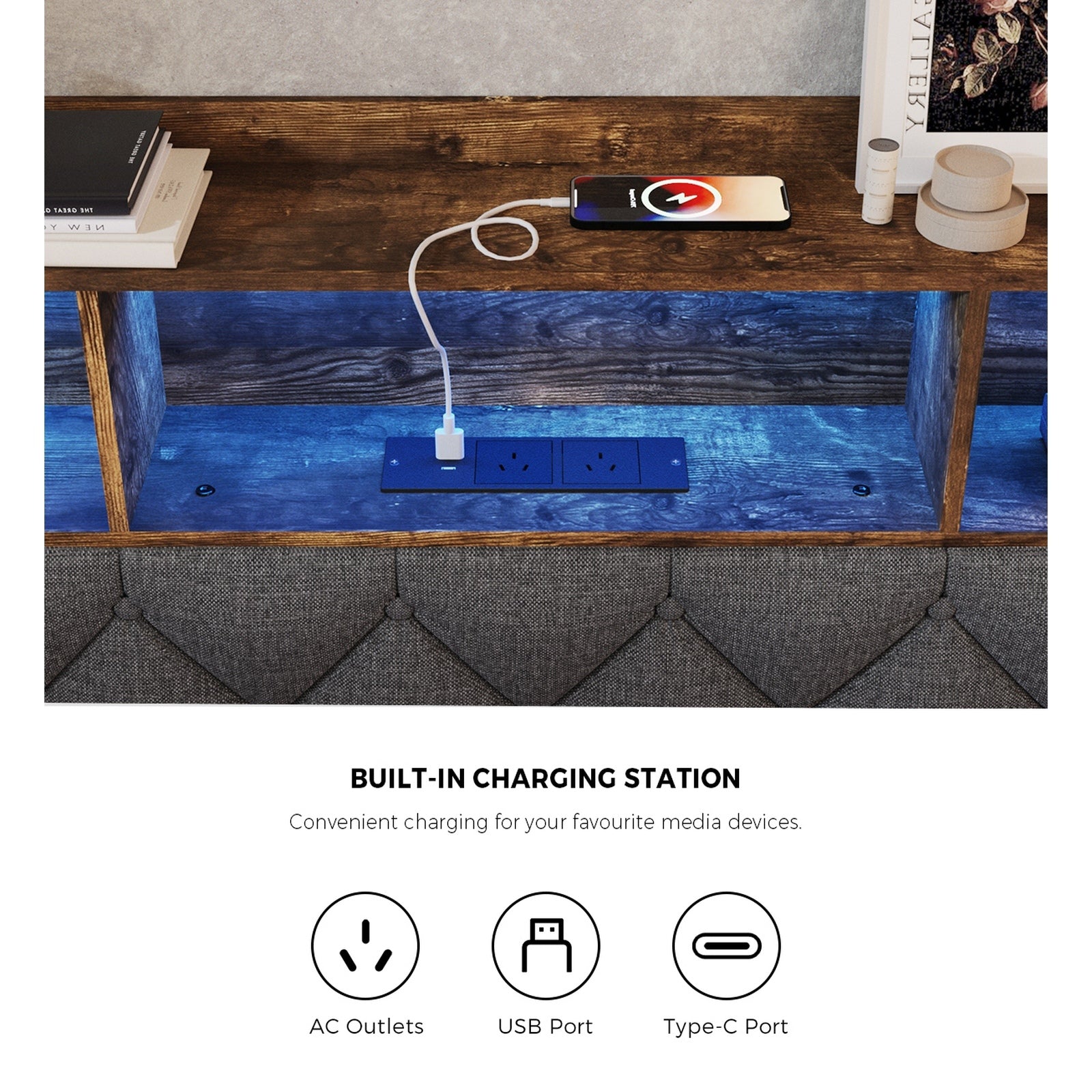 Oikiture Double Size Bed Frame Floating Beds With LED Light Headboard USB Charge