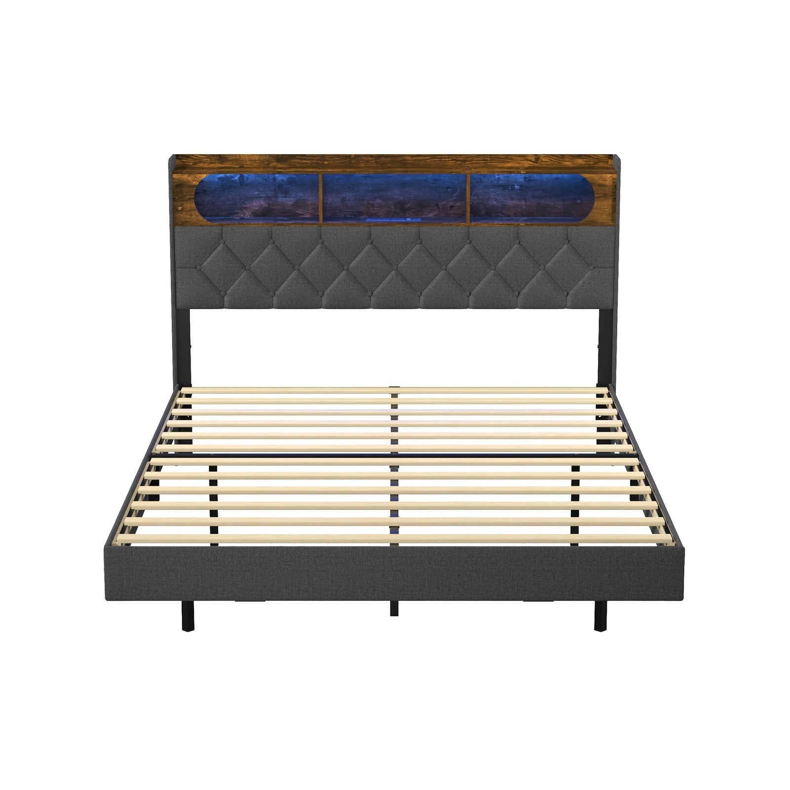 Oikiture Double Size Bed Frame Floating Beds With LED Light Headboard USB Charge