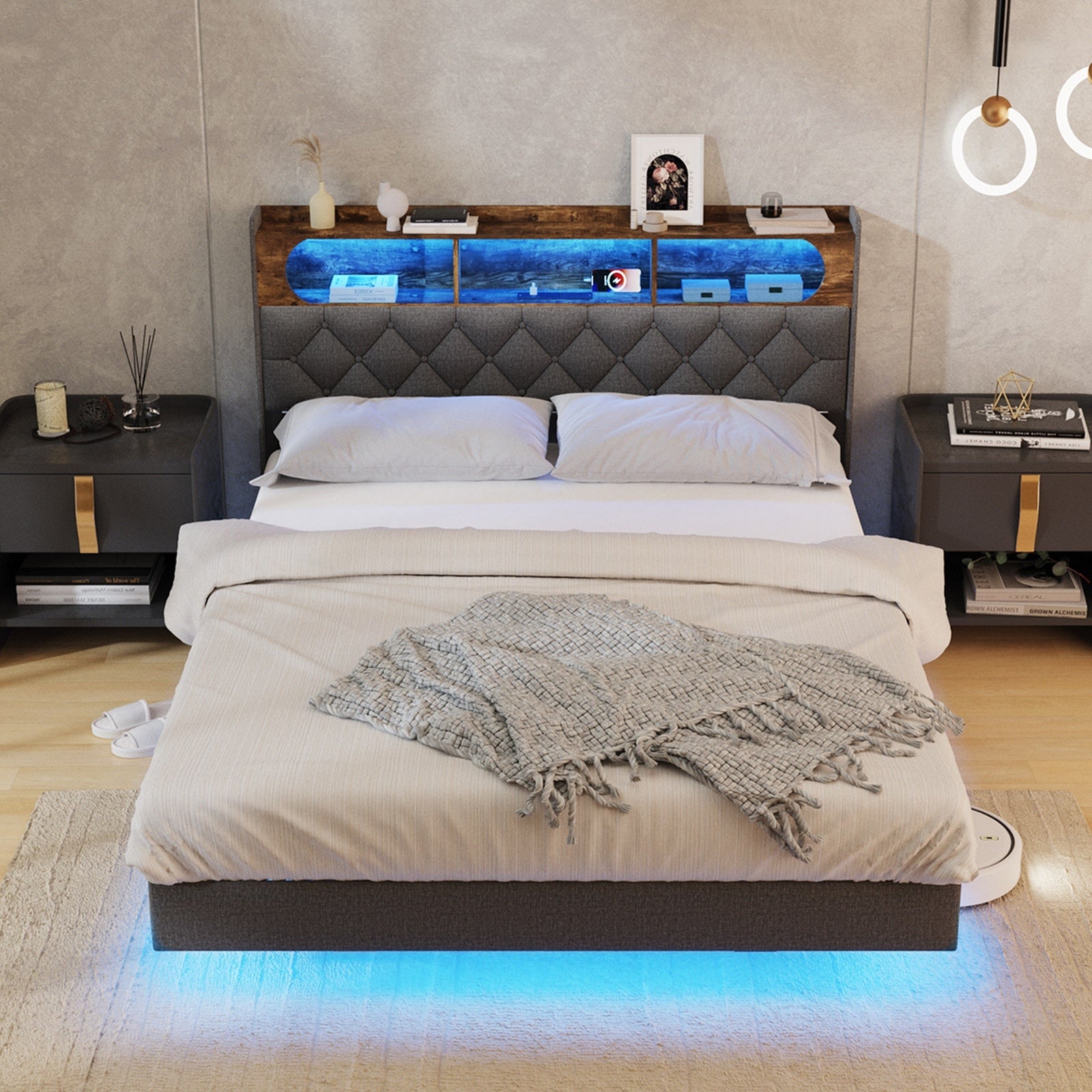 Oikiture Queen Size Bed Frame Floating Beds With LED Light Headboard USB Charge