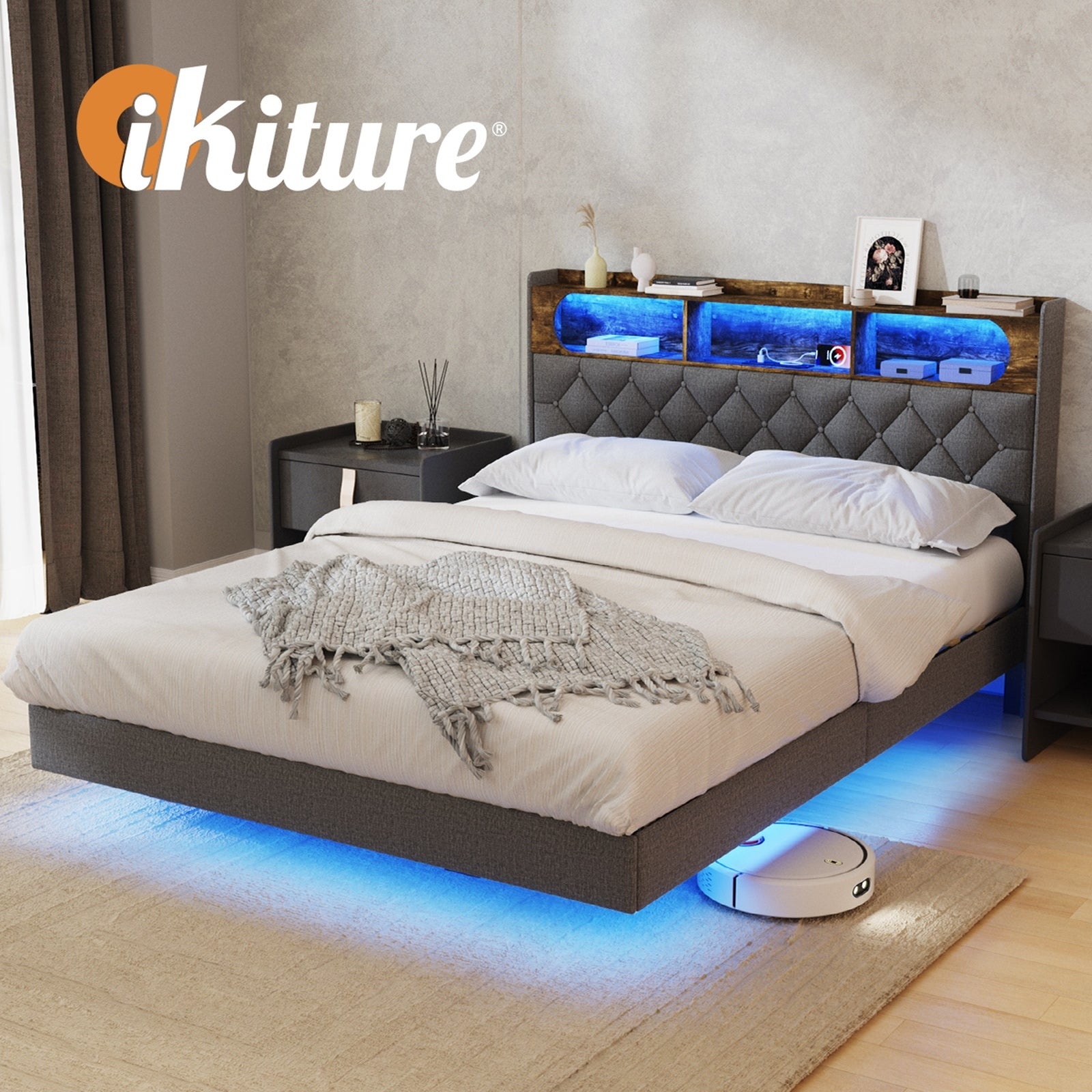 Oikiture Queen Size Bed Frame Floating Beds With LED Light Headboard USB Charge