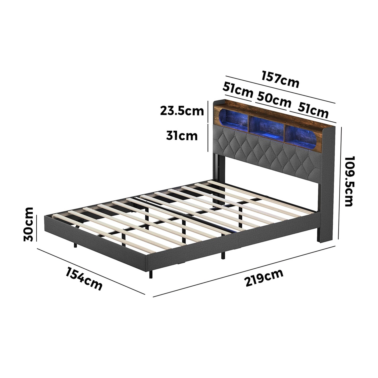 Oikiture Queen Size Bed Frame Floating Beds With LED Light Headboard USB Charge
