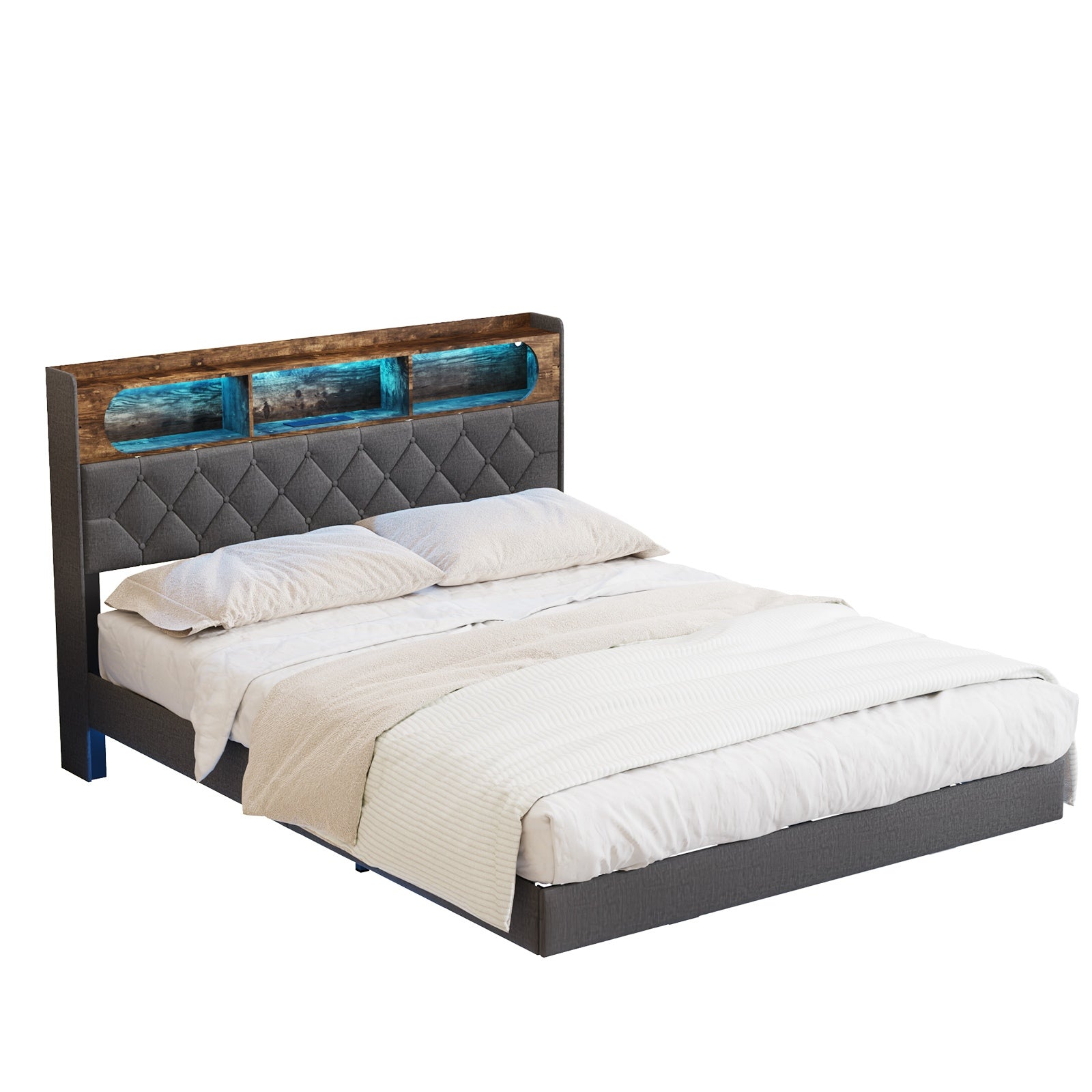 Oikiture Queen Size Bed Frame Floating Beds With LED Light Headboard USB Charge
